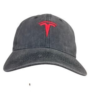 Adult Adjustable Tesla Gray Chambray Ballcap with Red Embroidered Logo NEW